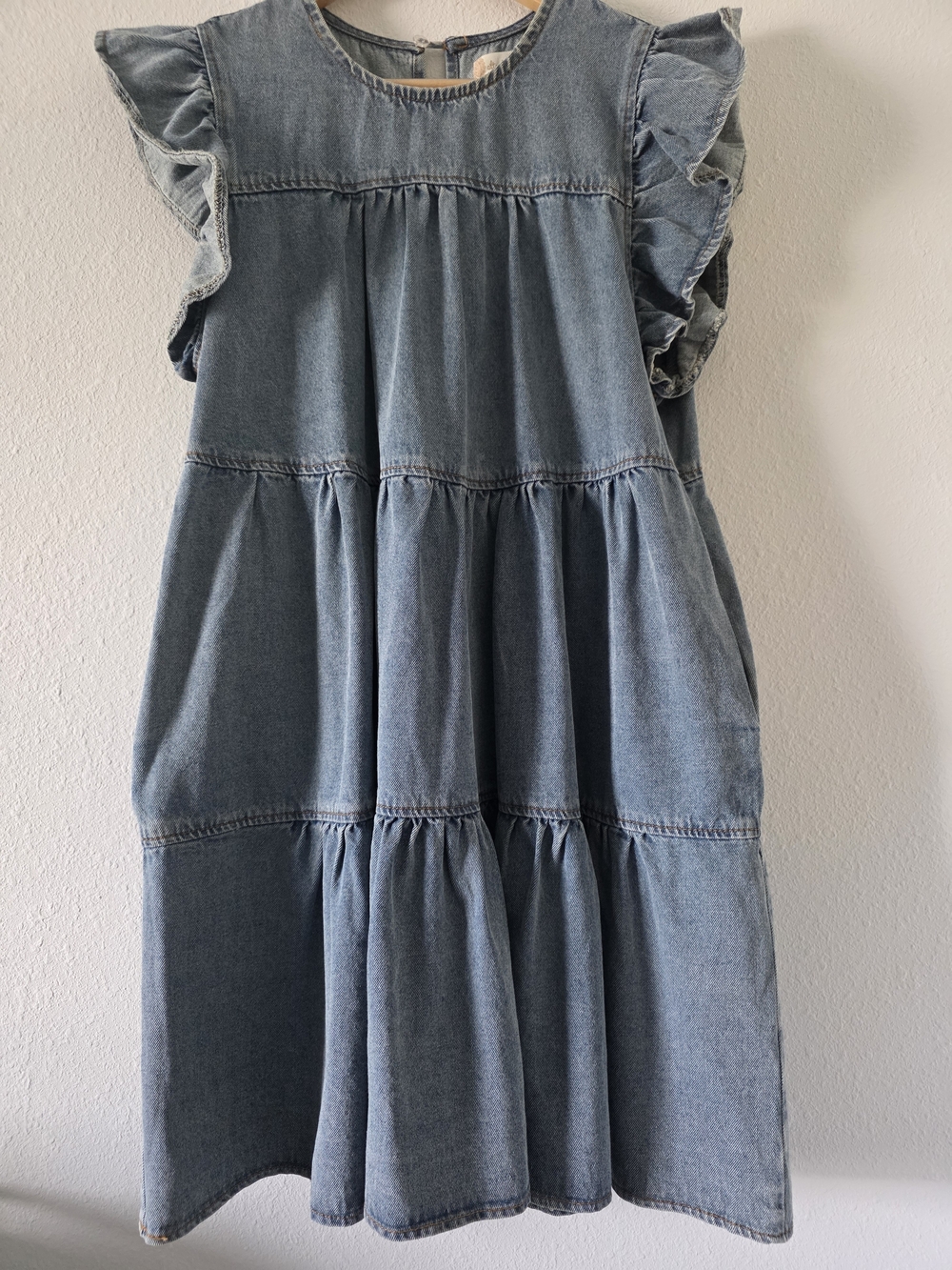 Altar'd State Light Blue Denim Tiered Ruffle Sleeve Mini Dress